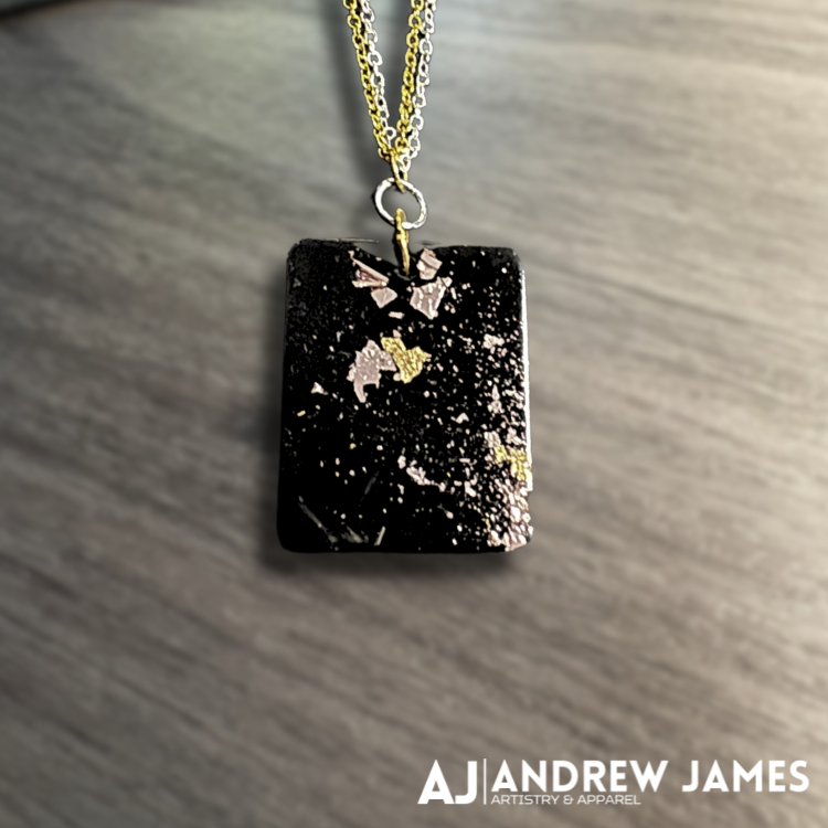One-of-a-Kind Black Pendant Necklace with Gold and Silver Leaf - Exclusive Handmade