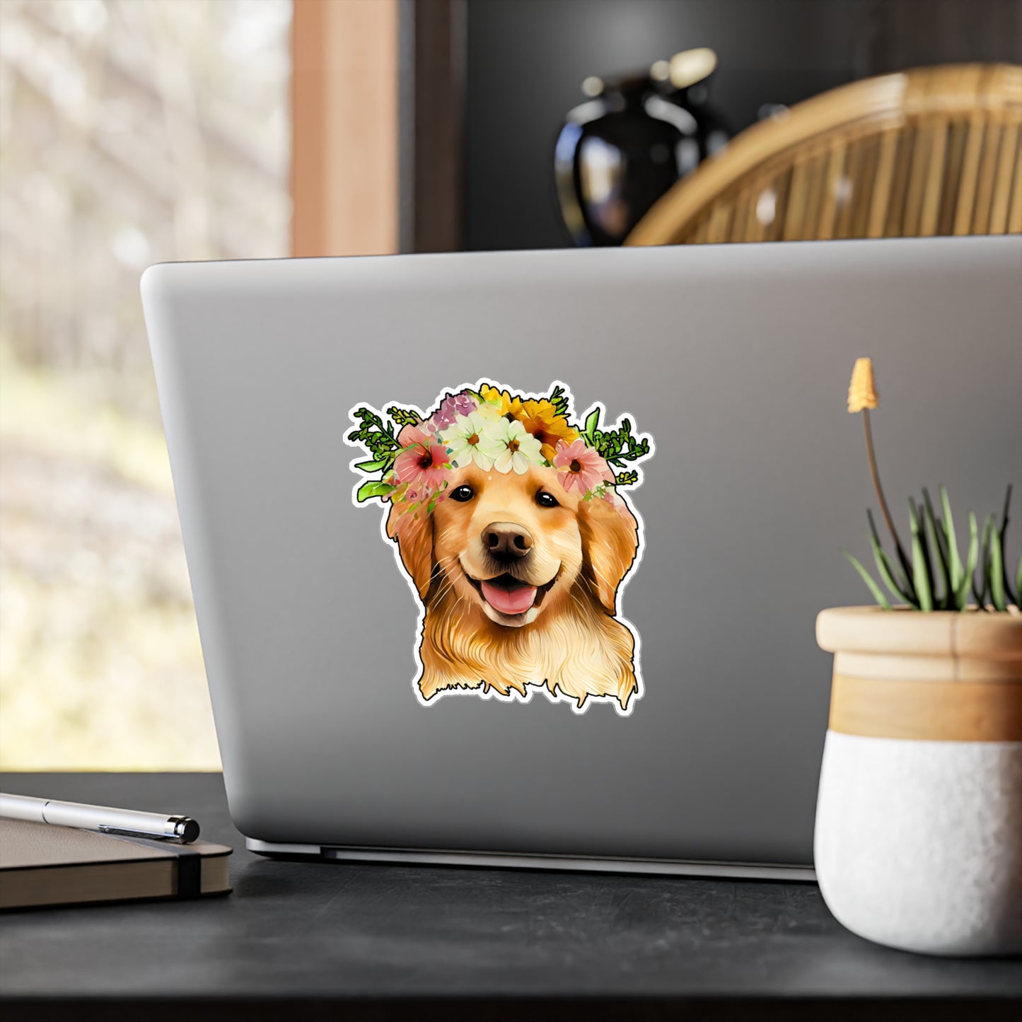 Golden Retriever Vinyl Decal - Flower Puppy