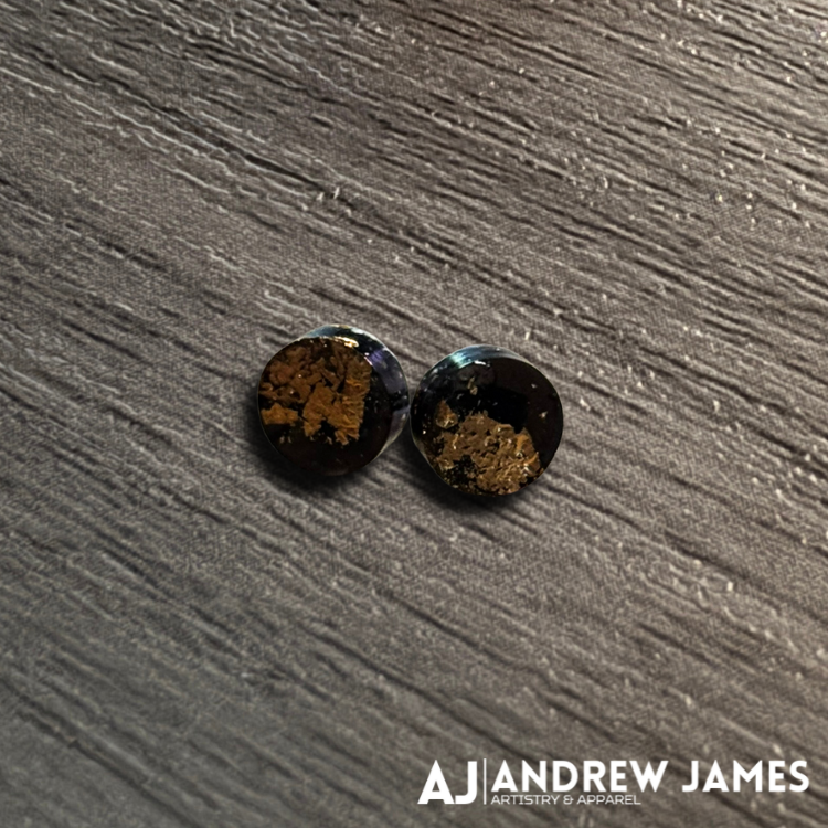 Black Circle Stud Earrings with Gold Leaf