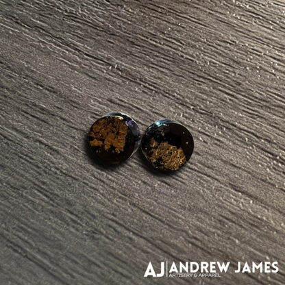 Black Circle Stud Earrings with Gold Leaf