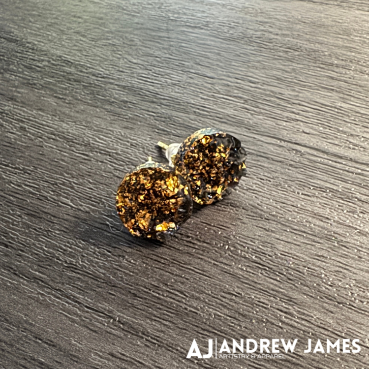 Textured Black Stud Earrings with Gold Leaf