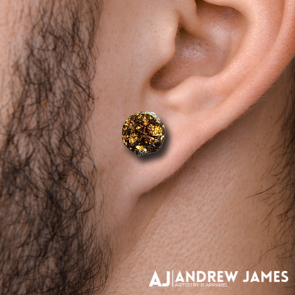 Textured Black Stud Earrings with Gold Leaf