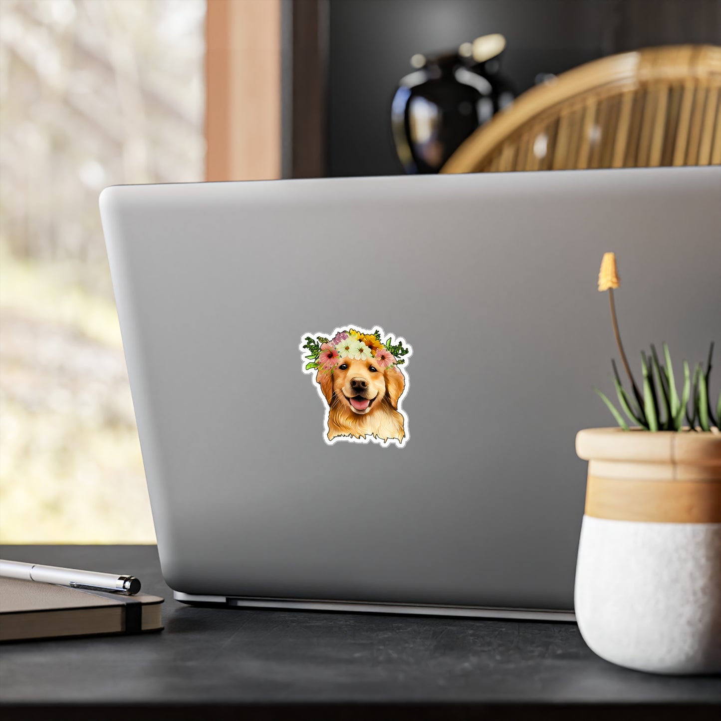 Golden Retriever Vinyl Decal - Flower Puppy