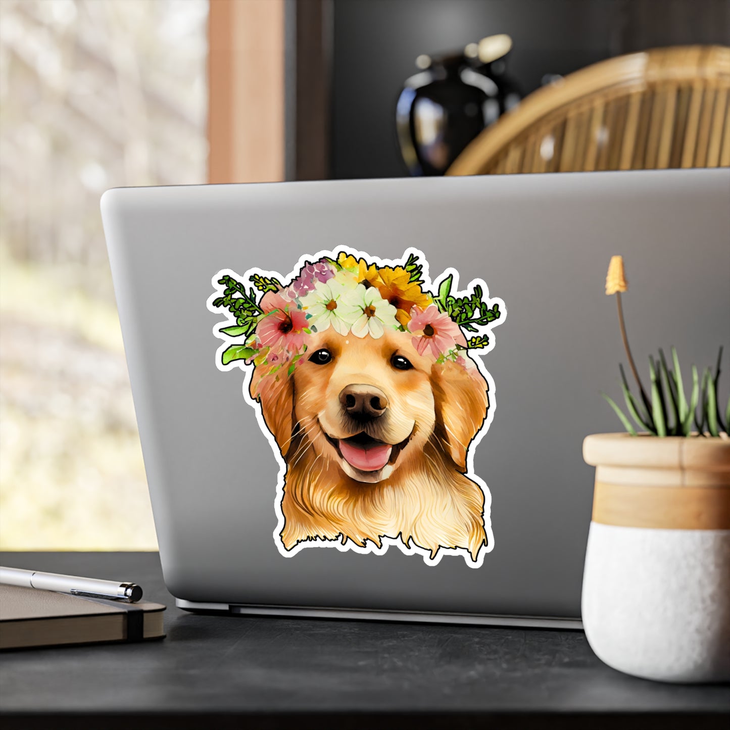 Golden Retriever Vinyl Decal - Flower Puppy