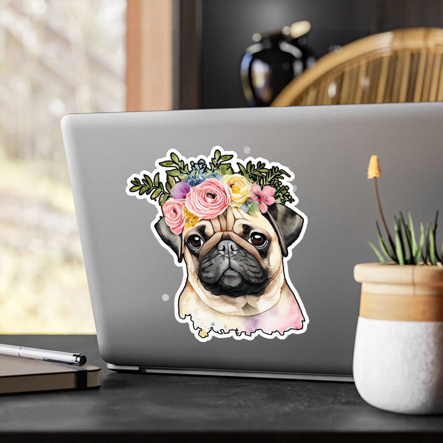 Pug Vinyl Decal - Flower Puppy